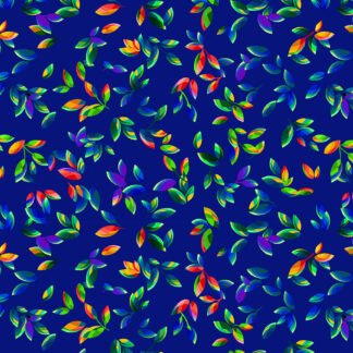 Fractal Flowers Tossed Leaves in Indigo features vivid rainbow leaves tossed across an indigo blue background.