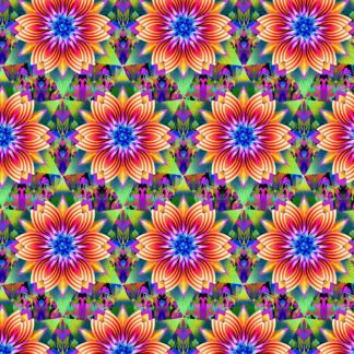 Fractal Flowers Kaleidoscope Floral in Indigo features vibrant orange, purple, and blue flowers bursting across a psychedelic green geometric background.