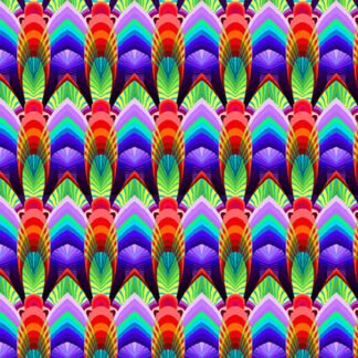 Fractal Flowers Nouveau Geo in Indigo features vibrant blue, green, and purple peaks alternating and repeating with orange and red arches in an art deco-inspired design. 