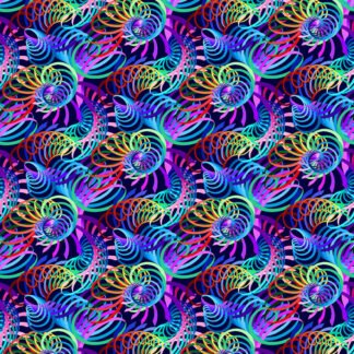 Fractal Flowers Spirals in Indigo features vibrant rainbow ribbons swirling across a dark indigo blue background.