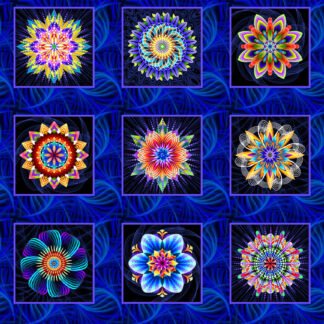 Fractal Flowers Fractal Flower Blocks in Indigo features 15 unique rainbow flower blossoms accented with a swirling dark indigo blue sashing. Each panel measures approximately 24" x WOF.  