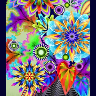 Fractal Flowers Fractal Vase Panel in Indigo features a gorgeous assortment of vibrant rainbow flower blossoms arranged in a grey geometric vase. Each panel measures approximately 24" x WOF.