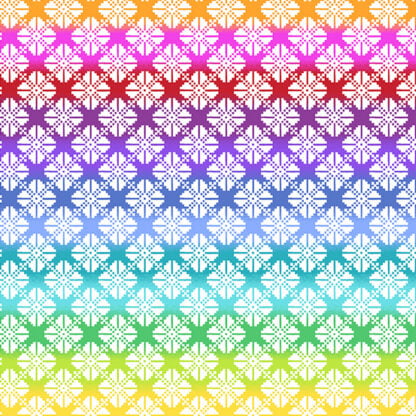 Rainbow Wonderland Pinwheel Knit in White from Andover Fabrics features a grid of stylized knitted white pinwheels on a rainbow gradient background.