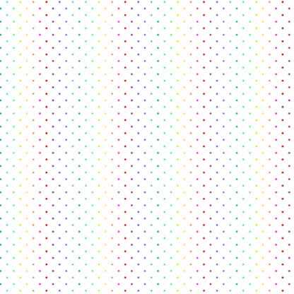 Rainbow Wonderland Mini Dot in White features a grid of tiny rainbow dots on a white background.