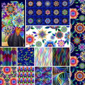 Fractal Flowers One-Yard Bundle + 2 Panels features 10 hand-cut one-yards measuring approximately 36″ x 43″ each. This bundle also contains both the Fractal Flowers Fractal Vase Panel and the Fractal Flowers Flower Blocks in Indigo. Each panel measures approximately 24" x 43".