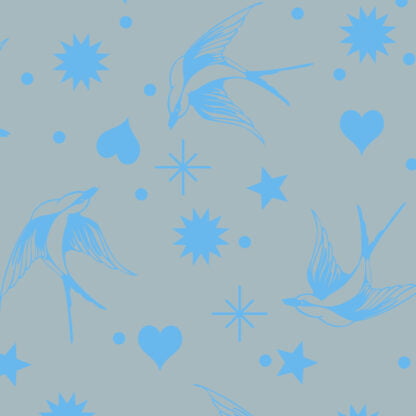 Neon Fairy Flakes in Aura features blue swooping birds, stars, hearts, and dots tossed across a blue-grey background.