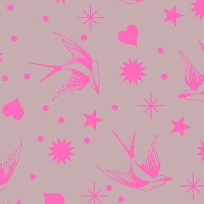 Neon Fairy Flakes in Cosmic features fuchsia swooping birds, stars, hearts, and dots tossed across a magenta-grey background.