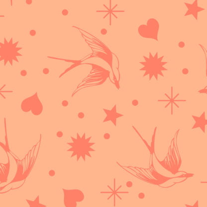 Neon Fairy Flakes in Lunar features coral pink swooping birds, stars, hearts, and dots tossed across a peach background.