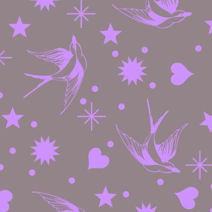 Neon Fairy Flakes in Mystic features purple swooping birds, stars, hearts, and dots tossed across a lavender-grey background.