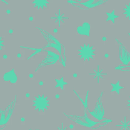Neon Fairy Flakes in Spirit features teal swooping birds, stars, hearts, and dots tossed across a teal-grey background.