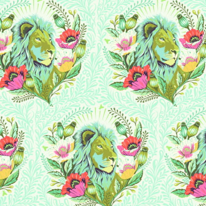 Everglow Good Hair Day in Karma features a lime and aqua lion motif surrounded by pink florals. 