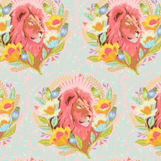 Everglow Good Hair Day in Lunar features a warm pink and coral lion motif surrounded by gold and periwinkle florals.