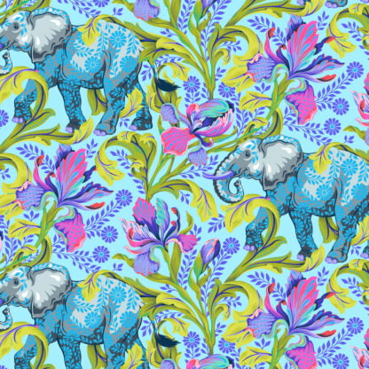 Everglow All Ears in Aura features blue floral patterned elephants surrounded by vibrant lime and purple florals.