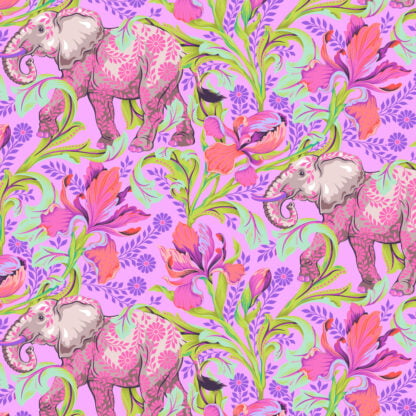 Everglow All Ears in Cosmic features pink floral patterned elephants surrounded by vibrant lime and coral blossoms on a light purple background.