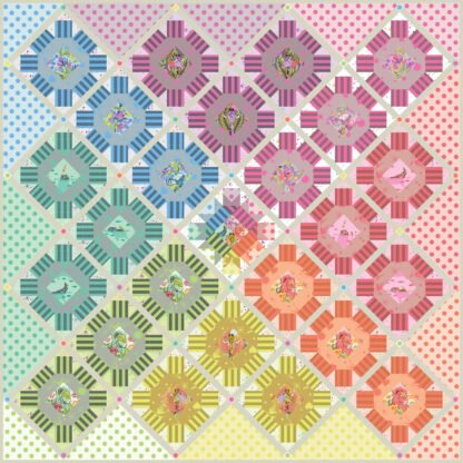 The Everglow Star Cluster Quilt Kit features fabrics from Everglow, a collection that shouts both neutral and neon while maintaining its charming Tula Pink style.