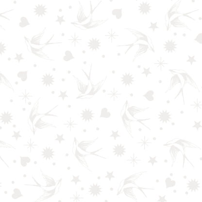 True Colors Fairy Flakes XL in Snowfall is a 108" wide white-on-white quilt backing fabric featuring swooping birds, stars, hearts, and dots tossed across a solid white background.