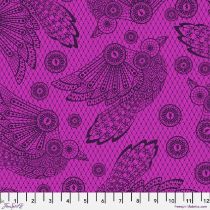 Nightshade (Deja Vu) Raven Lace in Oleander features ravens depicted in a minimalist lace-inspired style against a fuchsia background accented with a geometric diamond grid pattern.