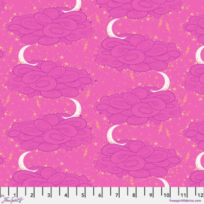 Nightshade (Deja Vu) Storm Clouds in Oleander features swirling pink clouds accented with lightning bolts, stars, dots, and crescent moons against a pink background.