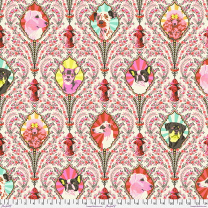 Besties Puppy Dog Eyes in Blossom features motifs of adorable dogs surrounded by dainty pink flowers and bright red fire hydrants against a cream background. Each motif is accented with metallic gold. 