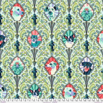 Besties Puppy Dog Eyes in Bluebell features motifs of adorable dogs surrounded by dainty green flowers and whimsical teal fire hydrants on a mint green background. Each motif is accented with metallic gold.