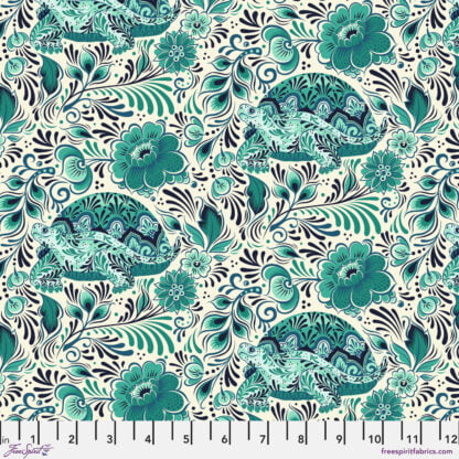 Besties No Rush in Bluebell features teal and aqua turtles surrounded by teal blossoms and leaves tossed across a cream background.