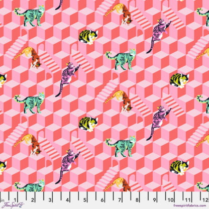 Besties Sitting Pretty in Blossom features colorful cats playing on a pink geometric terraced background.