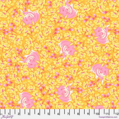 Besties Chubby Cheeks in Buttercup features light pink hamsters surrounded by yellow and pink flowers on a warm butterscotch background.