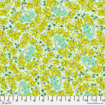 Besties Chubby Cheeks in Clover features mint green hamsters surrounded by green and aqua flowers on a light blue background.