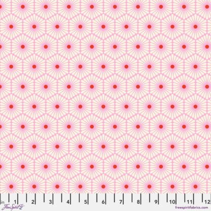 Besties Daisy Chain in Blossom features white daisies with red centers arranged in a geometric grid pattern on a light pink background.