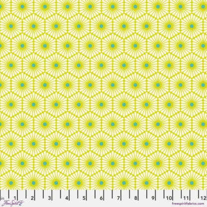 Besties Daisy Chain in Clover features light daisies with teal centers arranged in a geometric grid pattern on a bright green background.