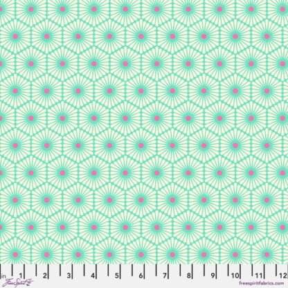Besties Daisy Chain in Meadow features white daisies with bright pink centers arranged in a geometric grid pattern on an aqua blue background.