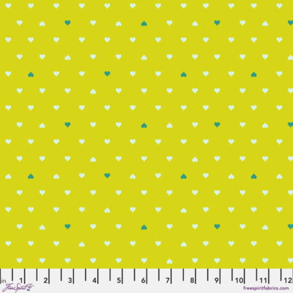 Besties Unconditional Love in Clover features tiny light green and teal hearts arranged in a geometric grid pattern on a bright green background.