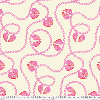 Besties Big Charmer 108" Wide Back in Blossom features large bright pink Best Friend charm hearts linked together on a pink chain winding across a cream background.