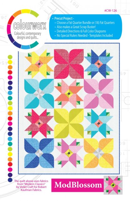 The Mod Blossom Pattern features large pieced flower blocks.