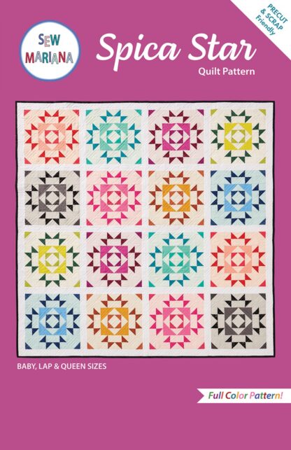 The Spica Star Quilt Pattern is a  traditionally pieced quilt featuring one block in assorted colors.