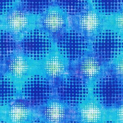 Leaflet Circles in Lapis features alternating dark and light blue dotted circles arranged in a grid pattern on a textured blue and purple background. 