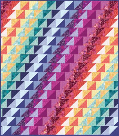 The Sun Showers Quilt Kit is a cascade of richly saturated colors in a beautiful geometric design. This kit is perfect for beginner quilters as it is created using only simple half-square triangles and traditional piecing.