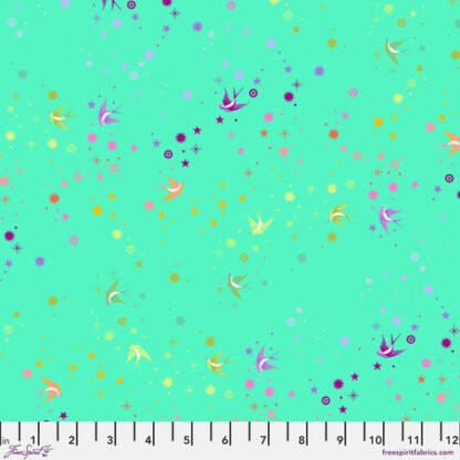 True Colors Fairy Dust in Frolic features colorful birds swooping among fanciful rainbow stars on a bright aqua-green background.