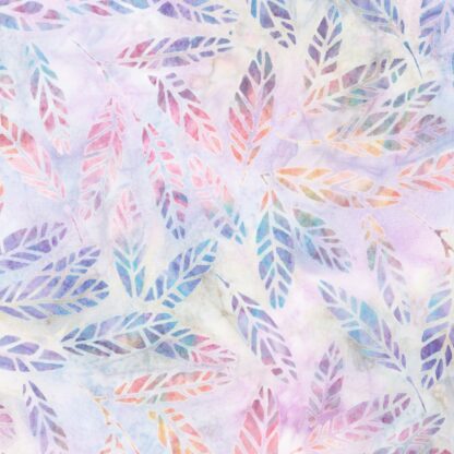 Kapua Feathers in Lilac Artisan Batik is a stunning hand-dyed fabric featuring blended peach, lavender, and blue feathers tossed across a soft, pastel purple background.