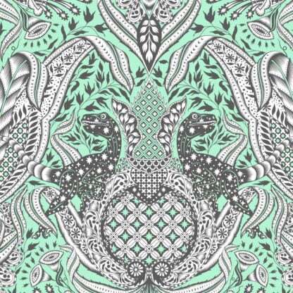 Roar! Gift Rapt in Mint features small dark grey Raptors surrounded by flourishing leaves and trumpeting flowers in a delicate damask design set against a light blue-green background.