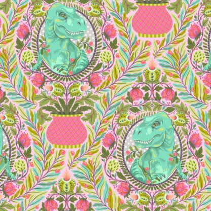 Roar! Tree Rex in Blush features motifs of fancy mint green Tyrannosaurus Rexes surrounded by vining potted flowers and foliage against a soft pink background.