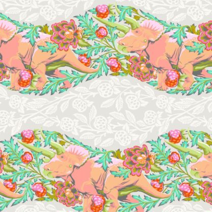 Roar! Trifecta in Blush features peach-colored Triceratops wandering among aqua leaves and bright pink flowers against a soft grey background.
