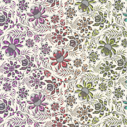 Roar! Wild Vine in Mist features a rainbow gradient of untamed ancient blossoms and striped leaves tossed across a soft cream background.