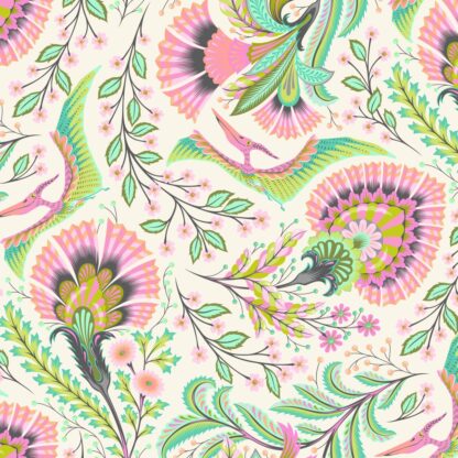Roar! Wing It in Blush features bright pink and green pterodactyls gliding between magnificent pink blossom and verdant foliage against a soft cream background.