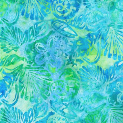 Seashore Seashells in Pool Artisan Batik is a stunning hand-dyed fabric featuring tossed aqua, turquoise, and green blended seashells.