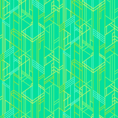 Deco Glo II Meander in Keylime features an abstract geometric design of green, blue, and yellow lines on a bright green background.
