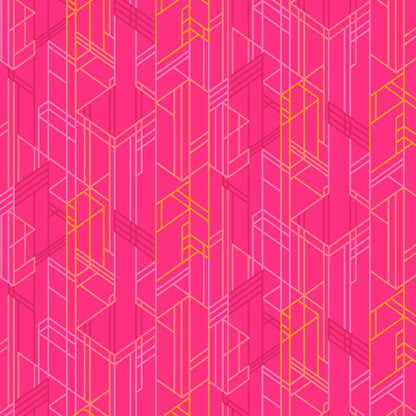 Deco Glo II Meander in Prickly Pear features an abstract geometric design of yellow, peach, lavender, and magenta lines on a bright pink background.