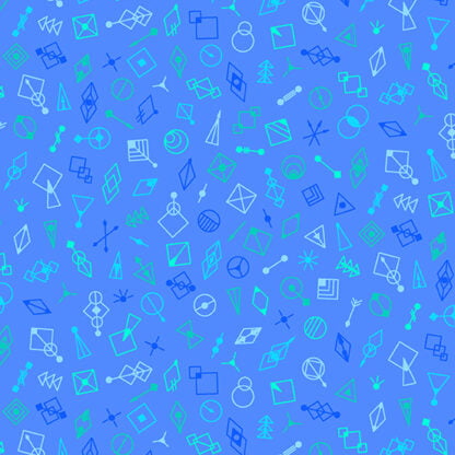 Deco Glo II Glitter in Blueberry features tiny blue and green geometric shapes tossed across a cornflower blue background.