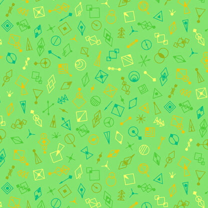 Deco Glo II Glitter in Honeydew features tiny green, blue, and yellow geometric shapes tossed across a bright green background.