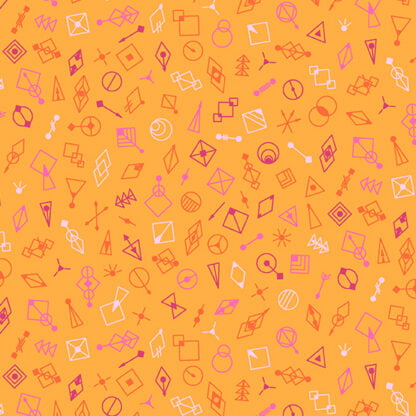 Deco Glo II Glitter in Cantaloupe features tiny pink, purple, and orange geometric shapes tossed across a light orange background.